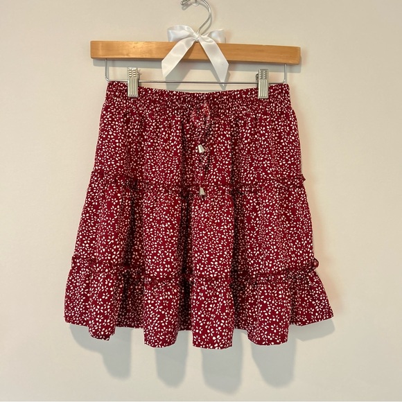 Ruffle High Waist Tie Mini Skirt Red and White Floral Dalmation Print Skirt - Picture 1 of 3